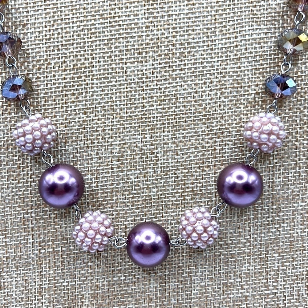 RMN pink  colored faux pearls and crystal necklace Silver Tone Chain Necklace